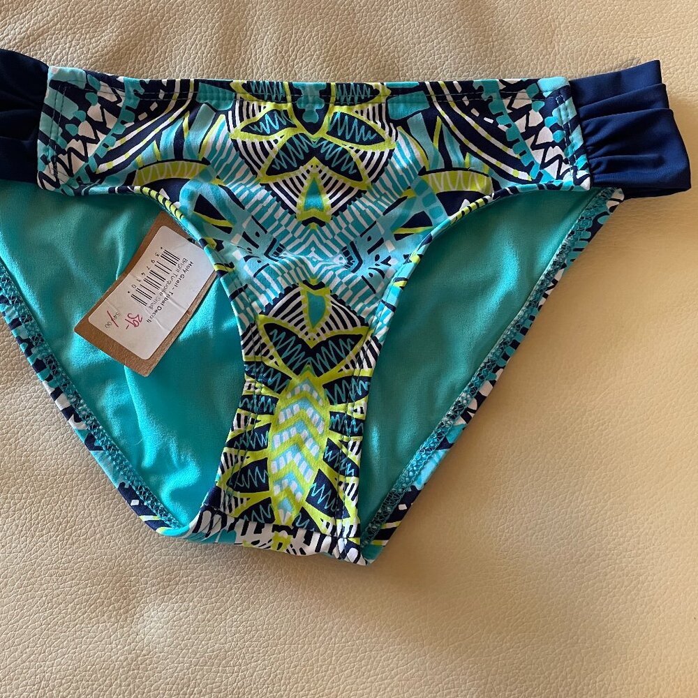 NWT Title Nine size small swimsuit bottoms, tribal print navy, turquoise, yellow - Picture 5 of 5